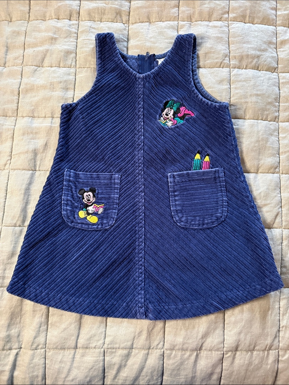 Vintage Disney Mickey Minnie Corduroy Dress 3T Blue 90s Cotton Pinafore